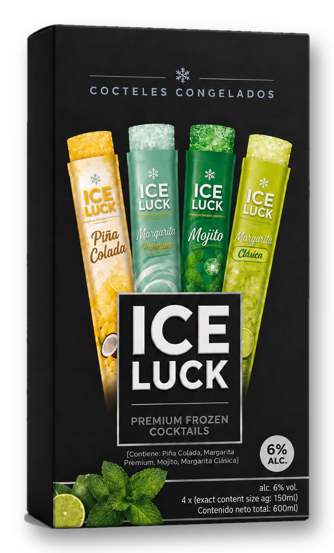 Caja negra de IceLuck Premium Frozen Cocktails, cócteles congelados, con cuatro bolsitas de 150 ml: Piña Colada, Margarita Premium, Mojito y Margarita Clásica. 6% Alc.